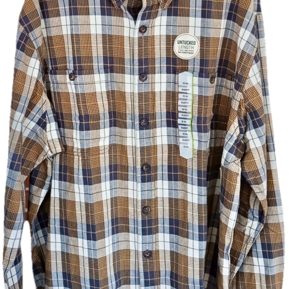 Duluth Trading Co Men's Blue and Brown Plaid Button-Down Shirt